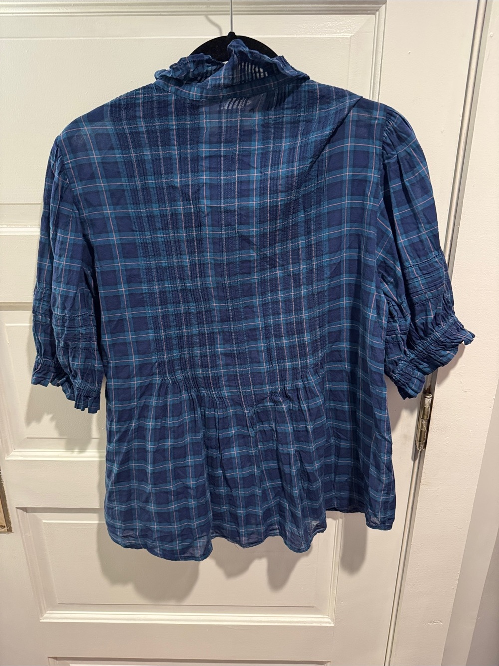 Trovata Blue Plaid Ruffle-Collar Button Front Blouse - Picture 5 of 9